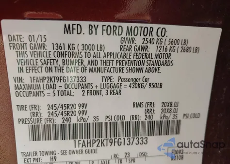 2015 Ford Taurus Sho из США, поврежденный, VIN 1FAHP2KT9FG137333